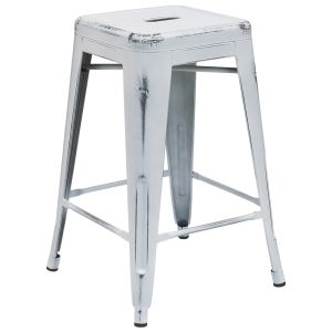 HUSKY Seating 500 LB Distressed Counter Height 24" Indoor-Outdoor Stacking Metal Bar Stool with Square Seat-White