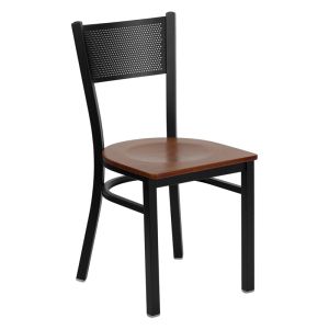 HUSKY Seating 500 LB Black Metal Restaurant Chair with Grid Back Design & Wood Seat-Cherry