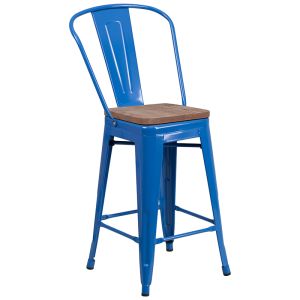Husky Seating 500 LB 24" High Blue Metal Counter Height Stool with Back and Wood Seat