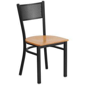 HUSKY Seating 500 LB Black Metal Restaurant Chair with Grid Back Design & Wood Seat-Natural