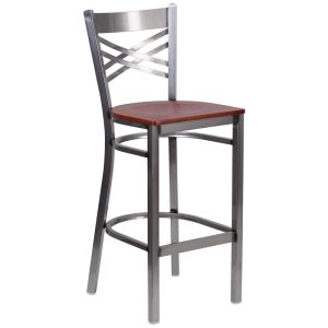HUSKY Seating 500 LB X-Back Clear Coated Metal Restaurant Bar Height Stool with Cherry Wood Seat