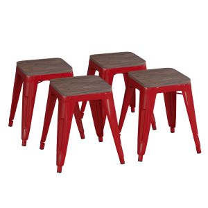 4 PACK - HUSKY Seating 250 LB 18" Table Height Stackable Backless Metal Indoor Restaurant Stool with Wooden Seat -Red