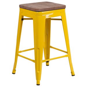 Husky Seating 500 LB 24" High Backless Yellow Metal Counter Height Stool with Square Wood Seat