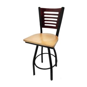 5 Line Wood Back Swivel 300 LB Counter Height Stool, Mahogany Back, Clear Coat Wood Seat