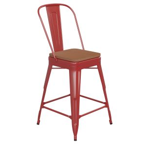 Husky Seating 500 LB Commercial Grade 24" High Red Metal Indoor-Outdoor Counter Height Stool with Removable Back and Teak All-Weather Poly Resin Seat