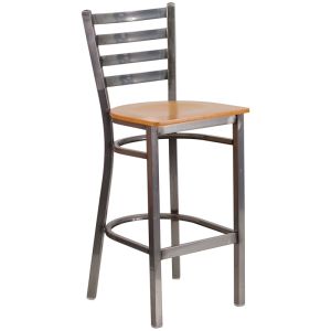 HUSKY Seating Ladder Back Commercial 500 LB Bar Stool with Steel Finish & Wood Seat-Natural