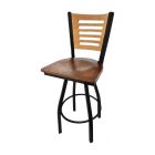 5 Line Wood Back Swivel 300 LB Counter Height Stool, Clear Coat Back, Walnut Wood Seat