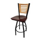 5 Line Wood Back Swivel 300 LB Counter Height Stool, Clear Coat Back, Mahogany Wood Seat