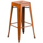 HUSKY Seating 500 LB Distressed 30" Indoor-Outdoor Stacking Metal Bar Stool with Square Seat-Orange