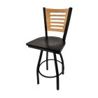 5 Line Wood Back Swivel 300 LB Counter Height Stool, Clear Coat Back, Black Wood Seat
