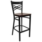 HUSKY Seating 500 LB X-Back Black Metal Restaurant Bar Height Stool with Mahogany Wood Seat