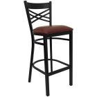 HUSKY Seating 500 LB X-Back Black Metal Restaurant Bar Height Stool with Burgundy Vinyl Seat
